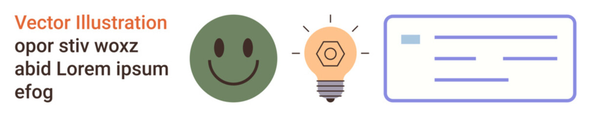 Fototapeta premium Creativity, problem-solving, design thinking, communication, brainstorming, innovation. A happy face, lightbulb symbol and text box arranged horizontally. Creativity and communication visualization
