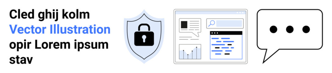 Cybersecurity, digital tools, communication, information sharing, online protection, data. Shield with lock, interface screen chat bubble. Cybersecurity and digital tools concept