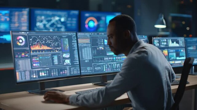 Medium shot of an analyst examining predictive software that forecasts judicial outcomes using past case data in a hightech law firm environment.