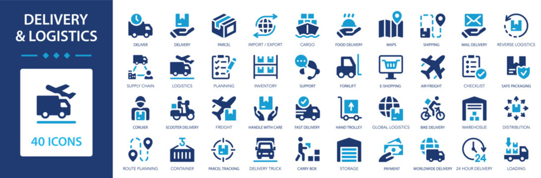 Delivery and Logistics icons collection. Shipping, transport, parcel, cargo, distribution sign set.