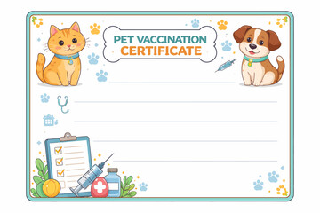 Pet vaccination certificate with cat and dog illustrations and medical icons