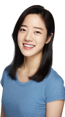 Young woman wearing blue t-shirt for fashion and apparel catalog, studio portrait isolated on transparent background.