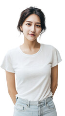 Young woman wearing white t-shirt for fashion and clothing branding, isolated on transparent background.