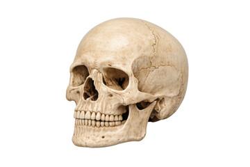 Obraz premium Human skull profile displaying anatomical details, symbolizing death, mortality, and medical research on transparent background