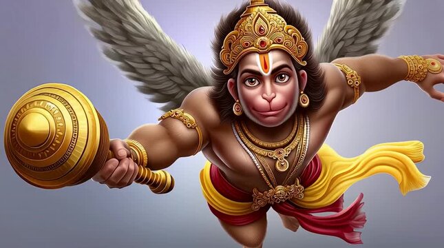 Flying lord hanuman holding golden mace with large wings spread
