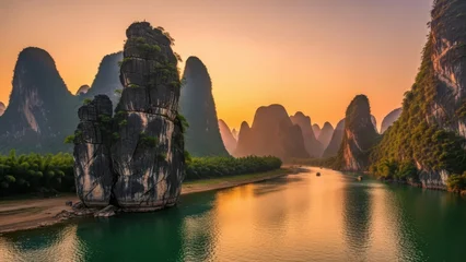 Crédence de cuisine Guilin Jagged Limestone Karsts and River Reflecting Sunset Sky  © Dewistudio