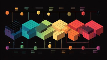 3D colorful block diagram with glowing nodes and connecting lines on dark background for business, technology, and data visualization