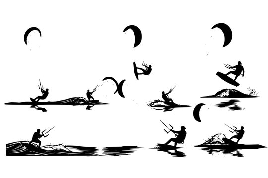 A set of kitesurfing silhouettes, showing various actions and poses of people engaging in the exciting water sport, vector illustration.

