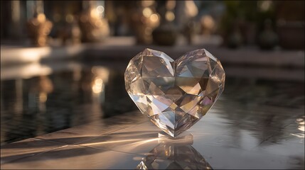 Crystal heart sculpture reflecting love and romance on serene water surface with golden sunlight glow
