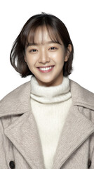 Woman wearing beige coat and white turtleneck for fashion and apparel catalog, isolated on transparent background.