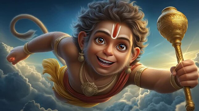 Young smiling hanuman flying in blue sky holding golden mace