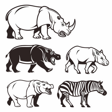 Black and white animal drawings including a rhino elephant and zebra Vector