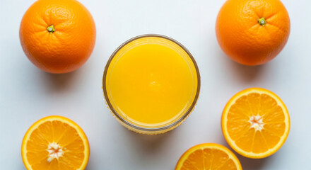 Fresh Orange Juice in Glass Top View Flat Lay Background, Bright Fresh Orange Juice with Citrus Fruit Top View, Healthy Orange Juice Drink Flat Lay on Clean Background.