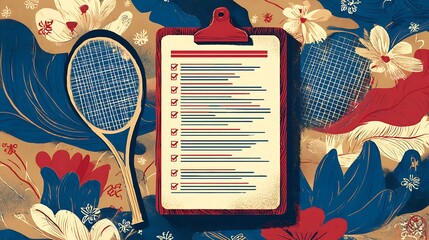 Badminton racket and checklist on floral fabric with vintage notepad and pen for sports planning