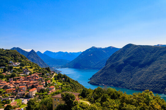 Scenic view of lake Lugano from Monte Bre mountain in Ticino canton, Switzerland