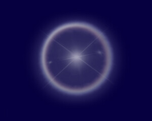 Obraz premium Light ring, atmospheric optical phenomenon halo from the sun or moon isolated on a dark blue background. Vector illustration.