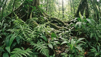 Obraz premium Lush Tropical Rainforest Floor With Dense Vegetation and Sunlight Filtering Through Trees