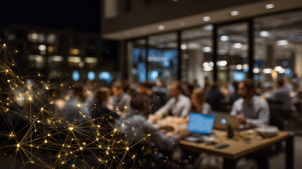 Obraz premium Connectioneering in a modern coworking space, diverse individuals exchanging ideas across long tables, subtle lines of light symbolizing invisible networks of collaboration and cre