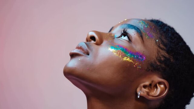 A young Black woman gazes upward, adorned with colorful glitter on her face, celebrating Pride. Her short hair complements the vibrant colors of the glitter.
