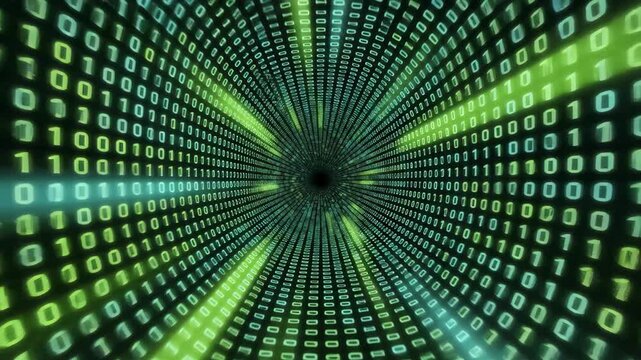 Digital data stream tunnel of binary code in green and blue light