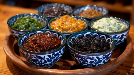 Fototapeta premium Traditional paste condiments in cultural bowls arrangement, handcrafted ceramic bowls holding different spicy and savory pastes, elegant yet simple layout, curated for authentic cu