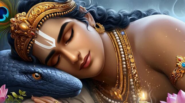 Serene hindu deity krishna sleeping on blue snake with closed eyes