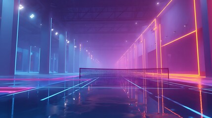Futuristic neon corridor with glowing purple and blue lights modern digital pathway technology interior design innovation