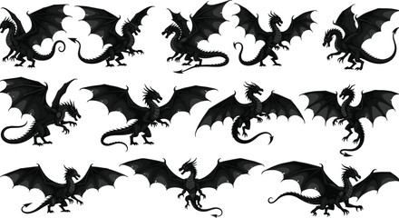 Naklejka premium Black dragon silhouettes collection, fantasy mythical creature vector illustration set isolated on white background for game design, branding, printing