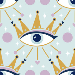Cotton fabric Seamless pattern with mystical evil eye and golden crown celestial boho style illustration for fabric textile wallpaper digital paper