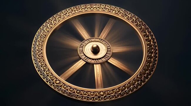 Golden Dharmachakra spinning with light rays, cinematic motion