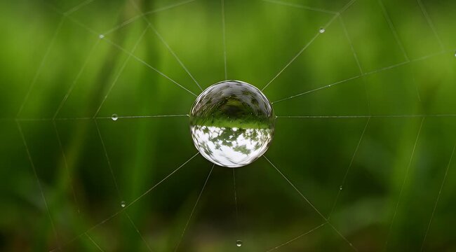Macro of dewdrop on spiderweb reflecting forest canopy and trees