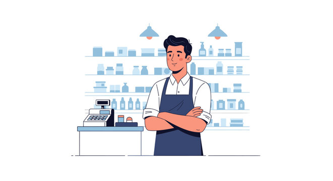 Smiling male shopkeeper or cashier standing with arms crossed in grocery store or pharmacy, flat vector illustration.