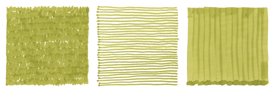 Hand drawn sketch line hatching. Felt-tip pen, marker beige green color texture art grunge texture on white background. Set