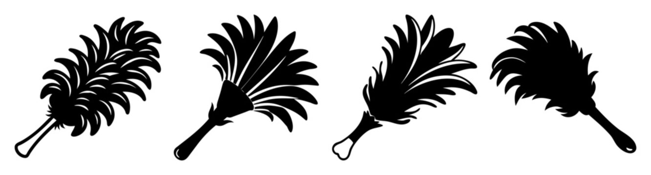 Black feather duster vector icon set isolated on white background minimalist cleaning tool illustration