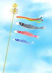 空を泳ぐ鯉のぼりの水彩イラスト