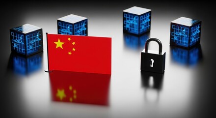 Chinese Flag with Padlock and Glowing Blockchain Data Cubes