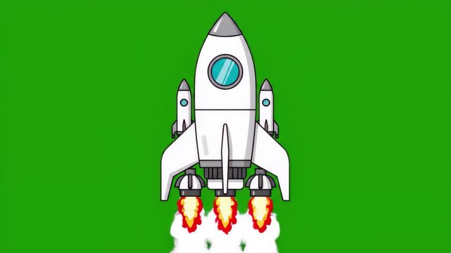 Cartoon white rocket launching with fire and smoke on green screen background