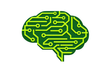 Green circuit board forming a human brain shape, symbolizing artificial intelligence and digital thinking technology