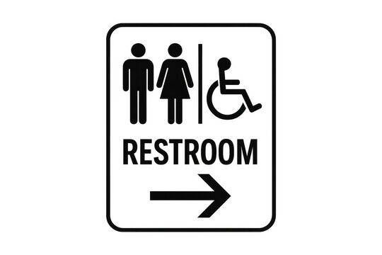 Unisex accessible restroom sign pointing right