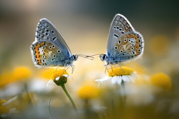 Obraz premium Two blue butterflies with open wings perched on yellow flowers