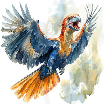watercolor of Microraptor, isolated on a white background.