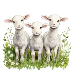 Fototapeta premium Lambs In Field, vector clipart in watercolor with smooth gradients, isolated on a white background.