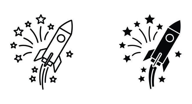 Hand drawn rocket launching with stars and smoke illustration vector for success and innovation