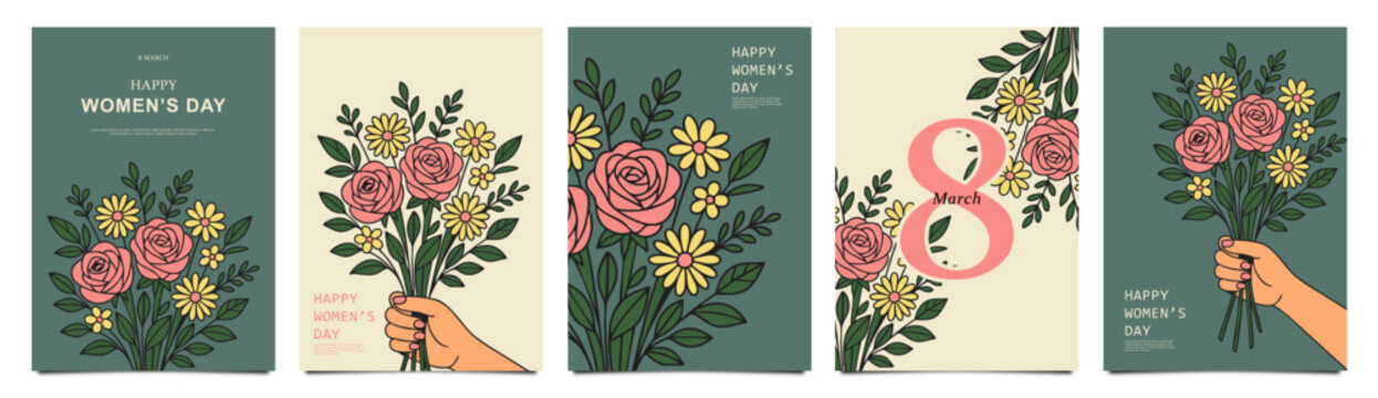 Set of women&rsquo;s day greeting card designs with hand drawn spring flowers for holiday greetings, posters, stationery, social media, and branding use - Vector illustration pack