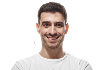 Obraz premium Portrait of smiling man in white t-shirt showing happiness and positive emotions