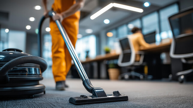 Closeup shot of modern vacuum cleaner hoovering carpet in office space, faceless janitor in orange uniform providing professional cleaning service for commercial premises,