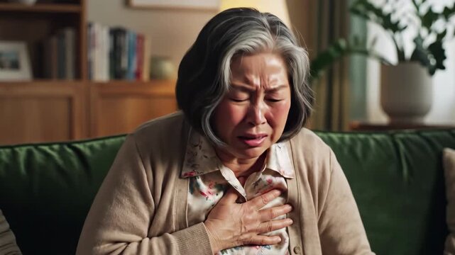 Distressed elderly asian woman clutching her chest in apparent pain or heart attack symptoms while sitting on a green couch