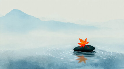 Tranquil water scene with a single stone and vibrant autumn leaf floating on the surface