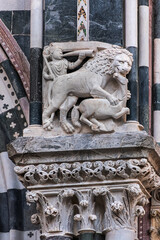 Fragment of Roman Catholic Cathedral of Genoa is a cathedral dedicated to Saint Lawrence; the seat of the Archbishop of Genoa. GENOVA, ITALY.