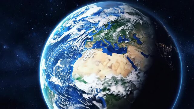 Earth-shaped sphere turning in sunlight on Earth Day. On Earth Day, a cinematic view shows an Earth-shaped sphere rotating slowly in sunlight, with clouds drifting across its